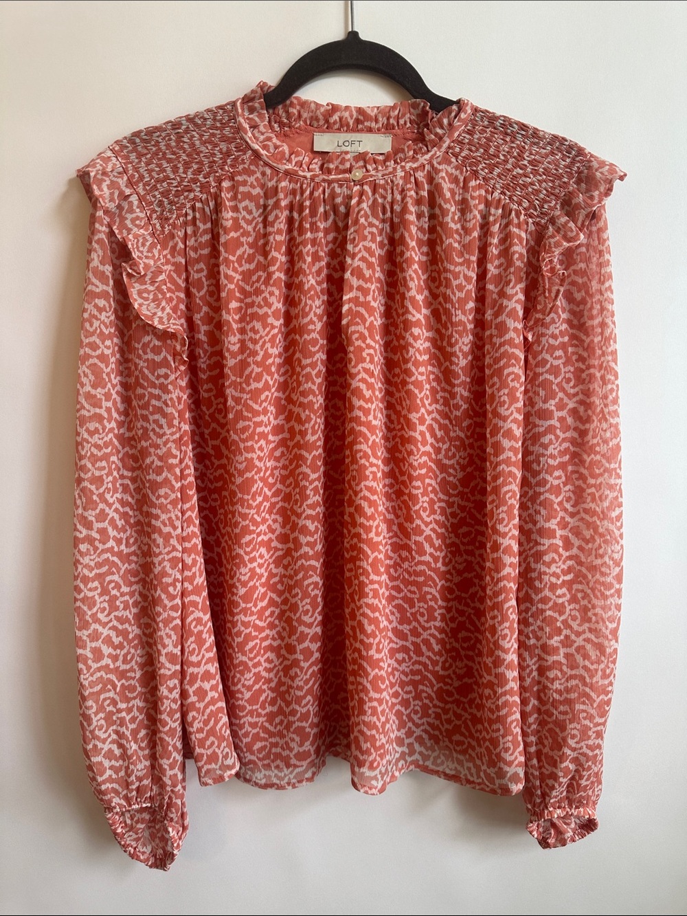 LOFT Coral-Peach Printed Ruffle Yoke Blouse Size Large